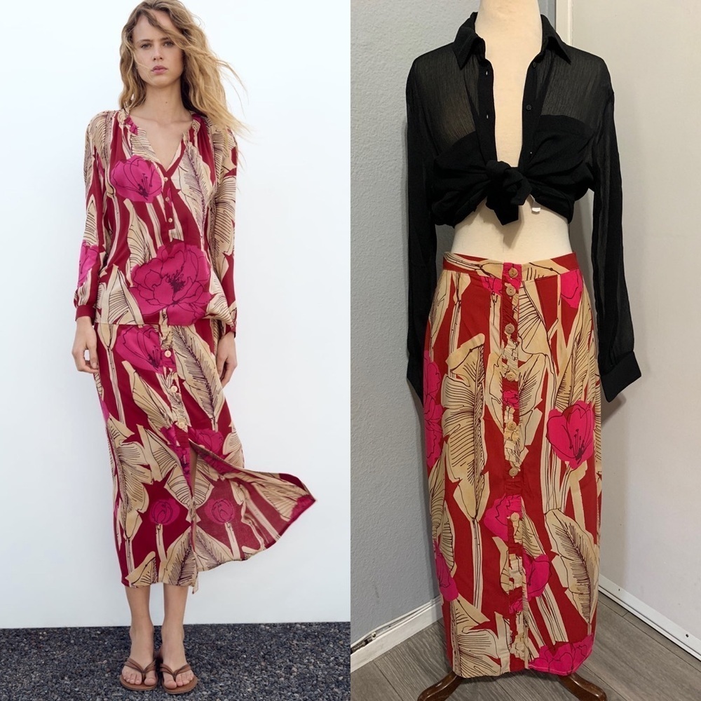 Zara New Women Bohemian Floral Print High Waisted Midi Skirt Size M
